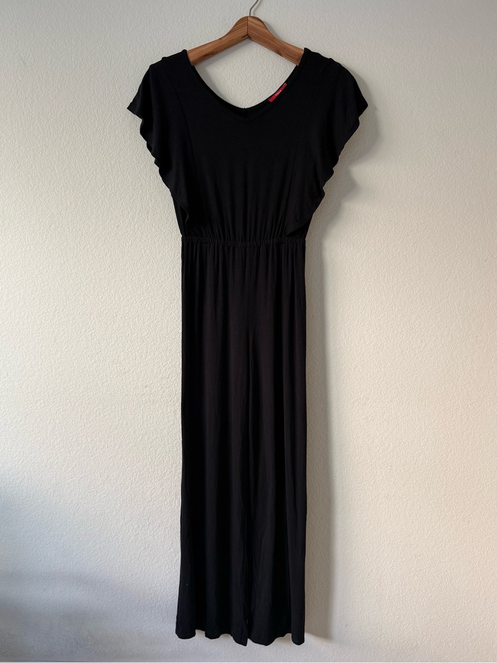 AQUA Black V-Neck Jersey Jumpsuit with Flutter Sleeves, Size L